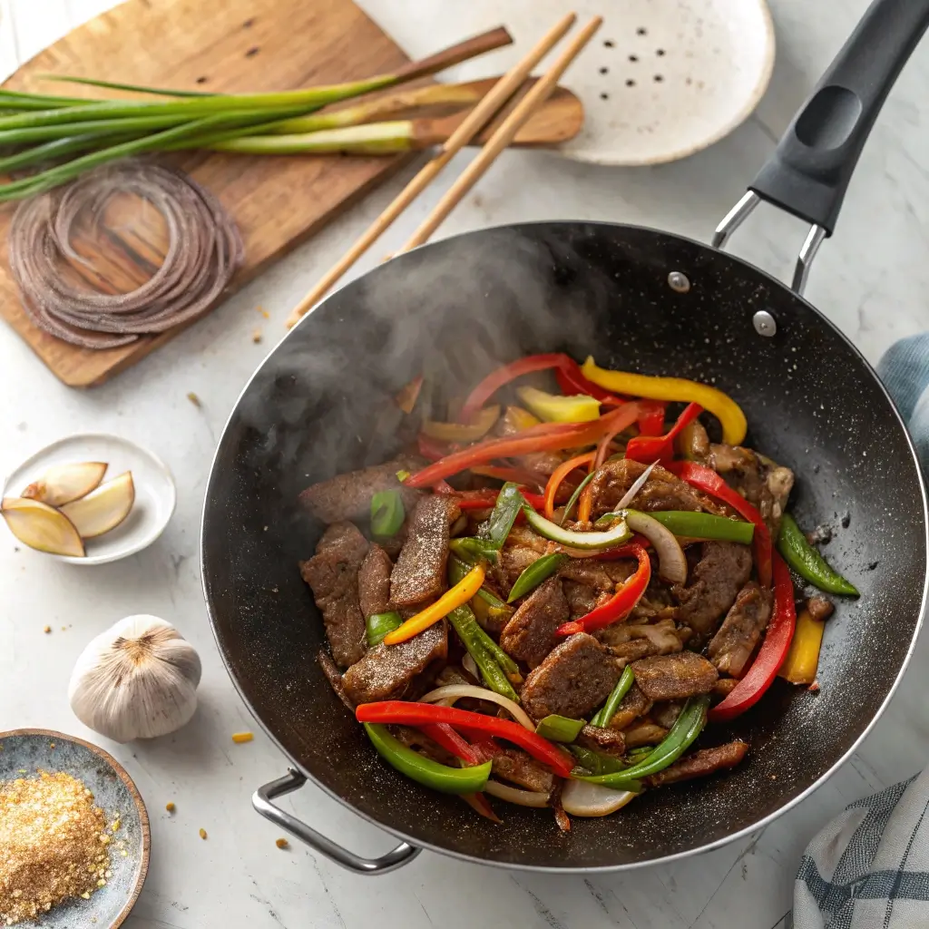 Wok with sizzling pepper steak, bell peppers, and soy glaze