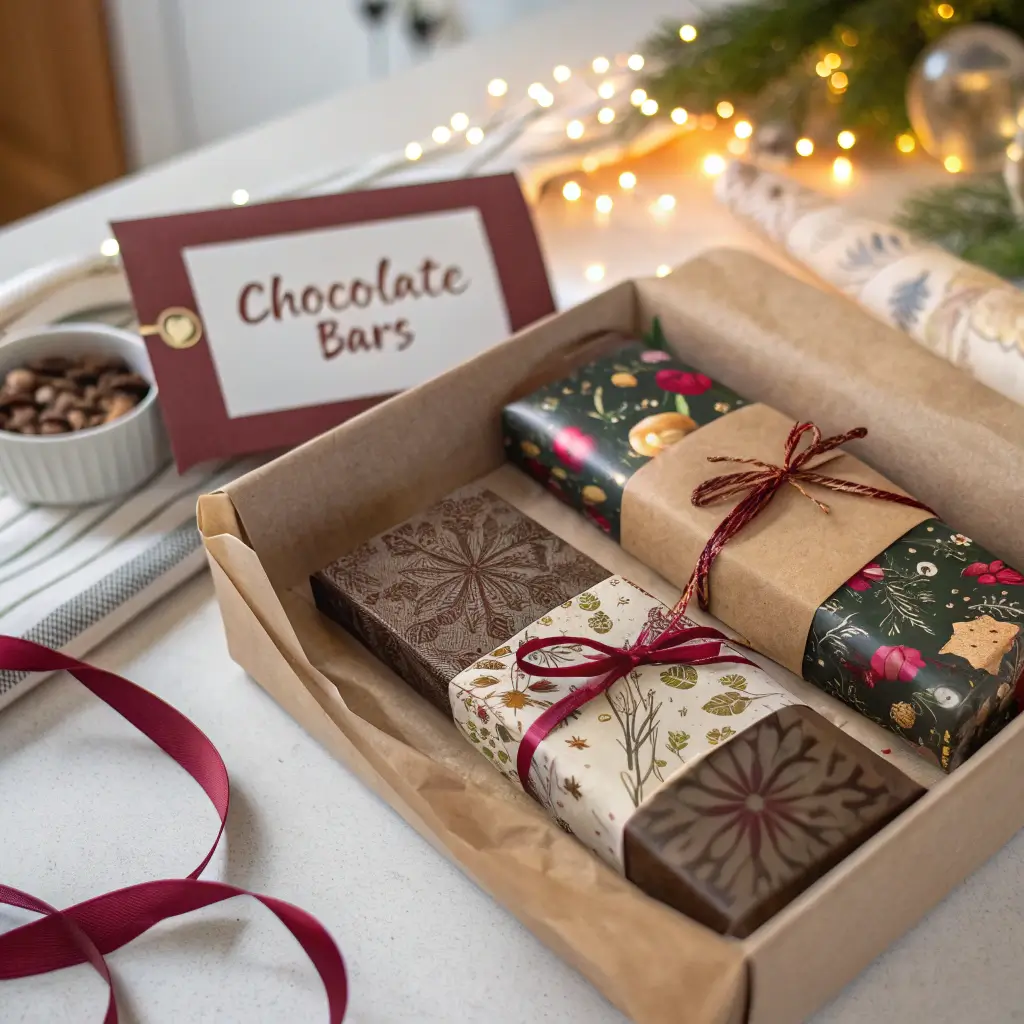 Wrapped homemade chocolate bars with custom labels and ribbons, placed in a decorative gift box with a small gift tag