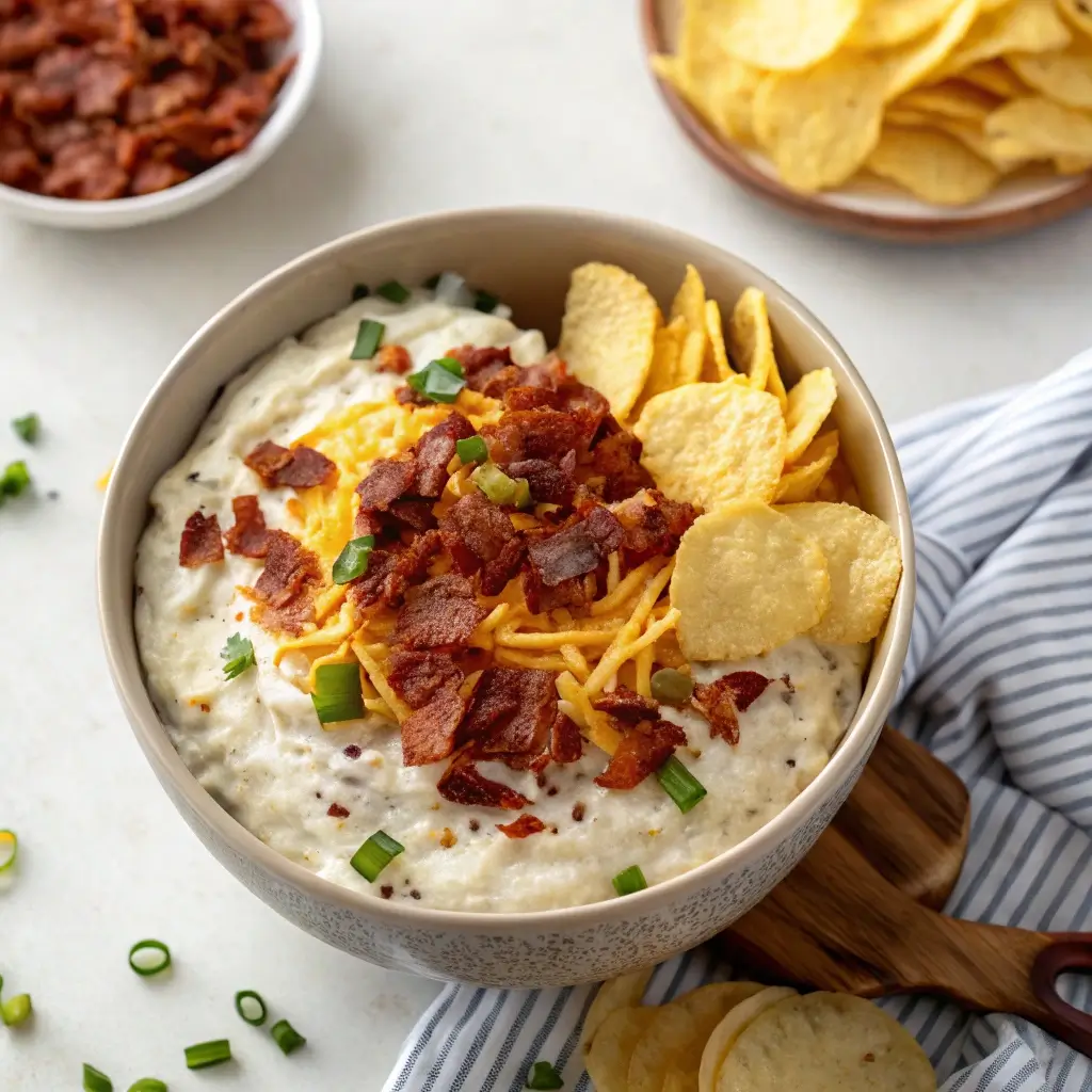 Loaded baked potato dip topped with bacon, cheddar cheese, and chives, served with kettle chips.