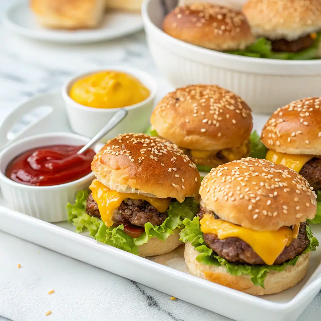 Juicy mini cheeseburger sliders with melted cheese for Super Bowl Snack Recipes