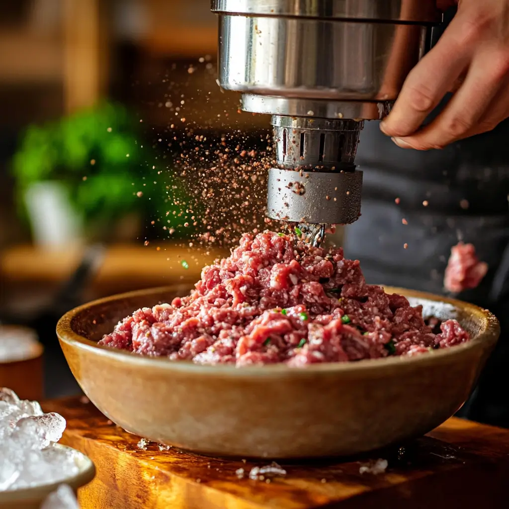 Freshly ground meat being processed in a stainless steel grinder on a rustic wooden countertop.