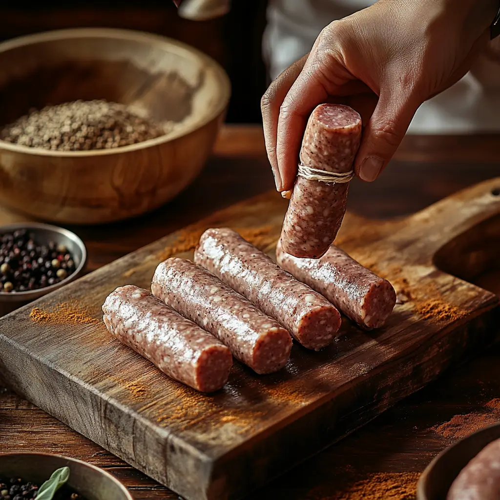 Hands shaping summer sausage logs, some wrapped in plastic while others are being stuffed into casings.