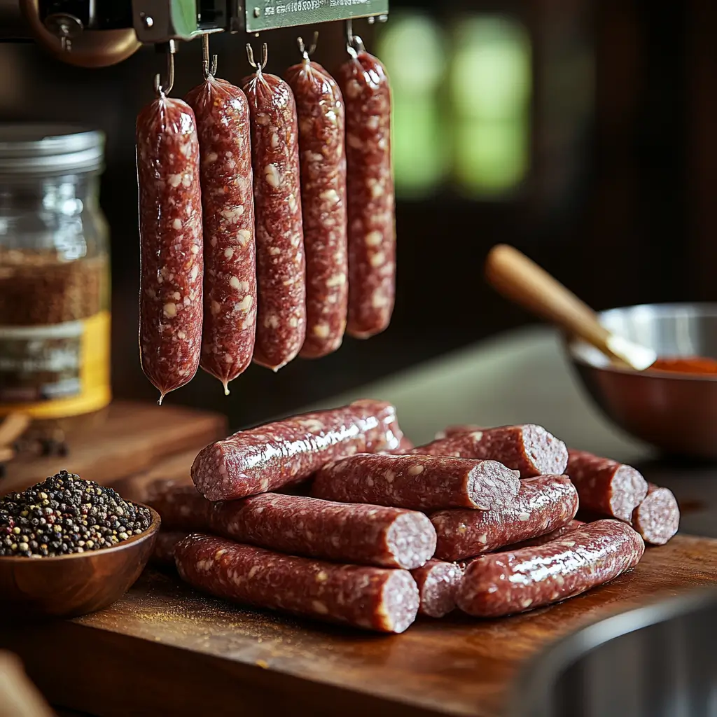 Summer sausage logs hanging inside a backyard smoker with light hickory smoke rising.