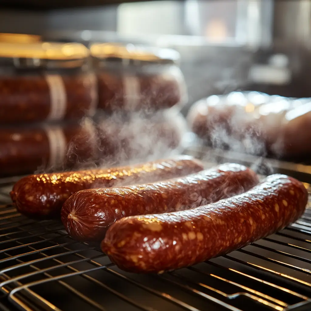 Freshly smoked summer sausage being placed in an ice bath to lock in moisture and prevent shrinkage.