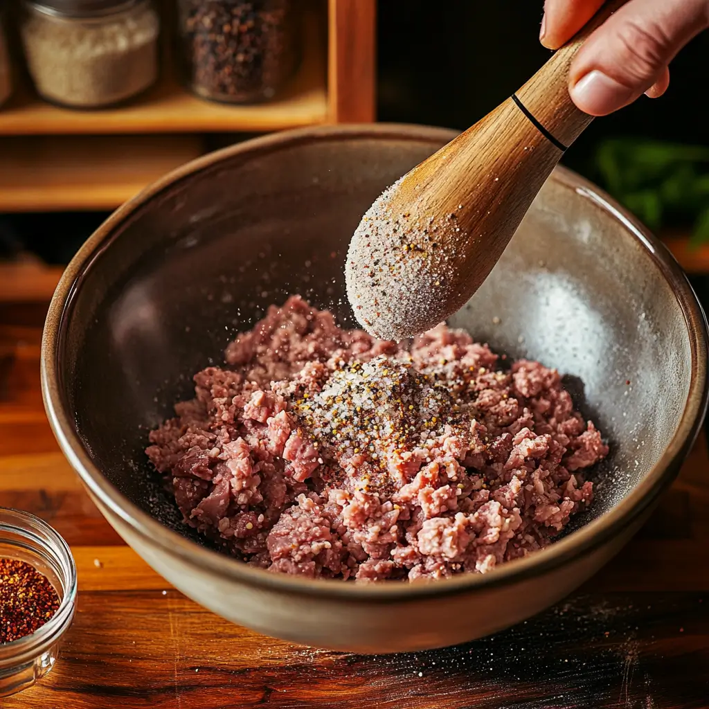 A large bowl of ground meat evenly coated with spices and curing salt, ready for mixing.