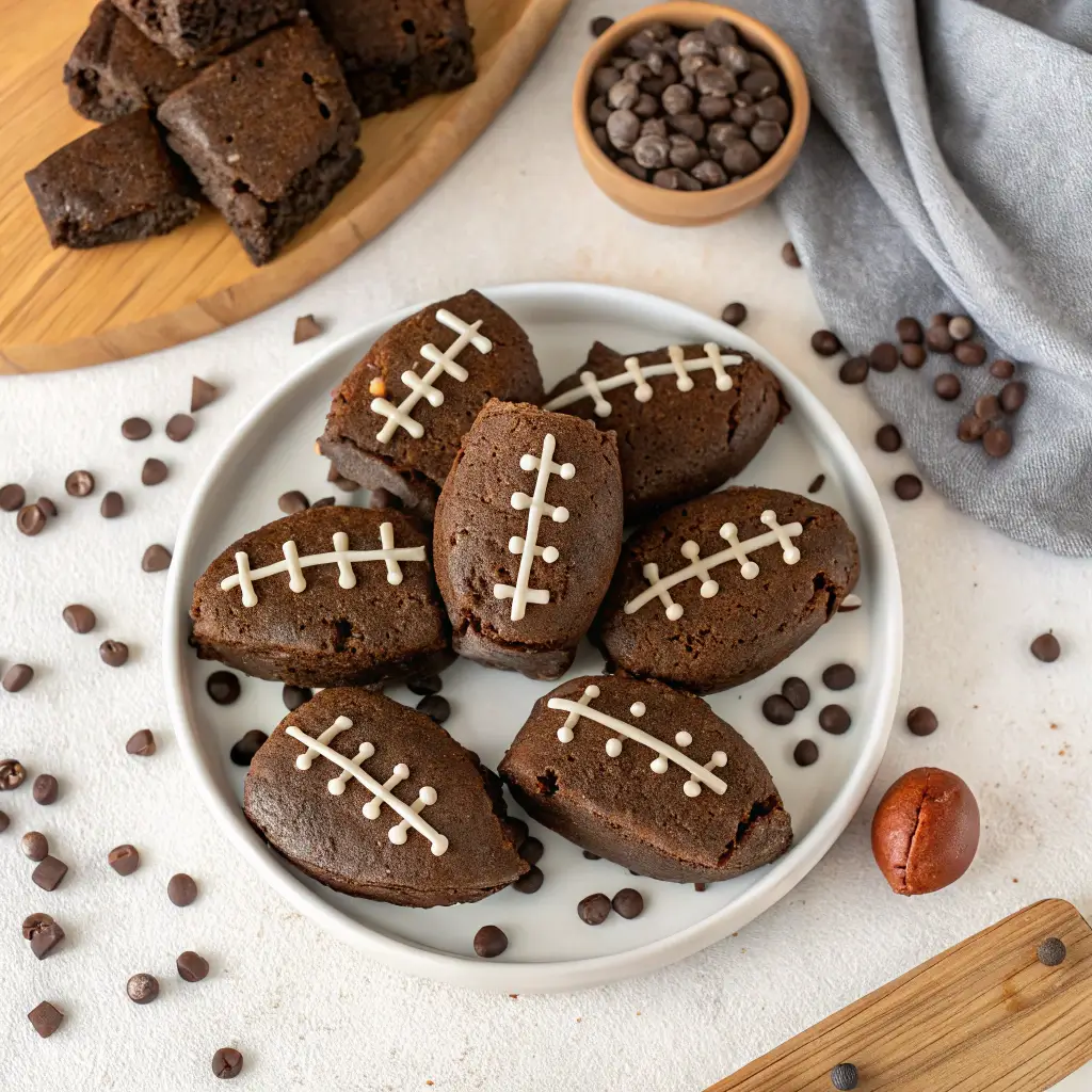 Fudgy chocolate brownies shaped like footballs with decorative icing, perfect for Super Bowl parties.