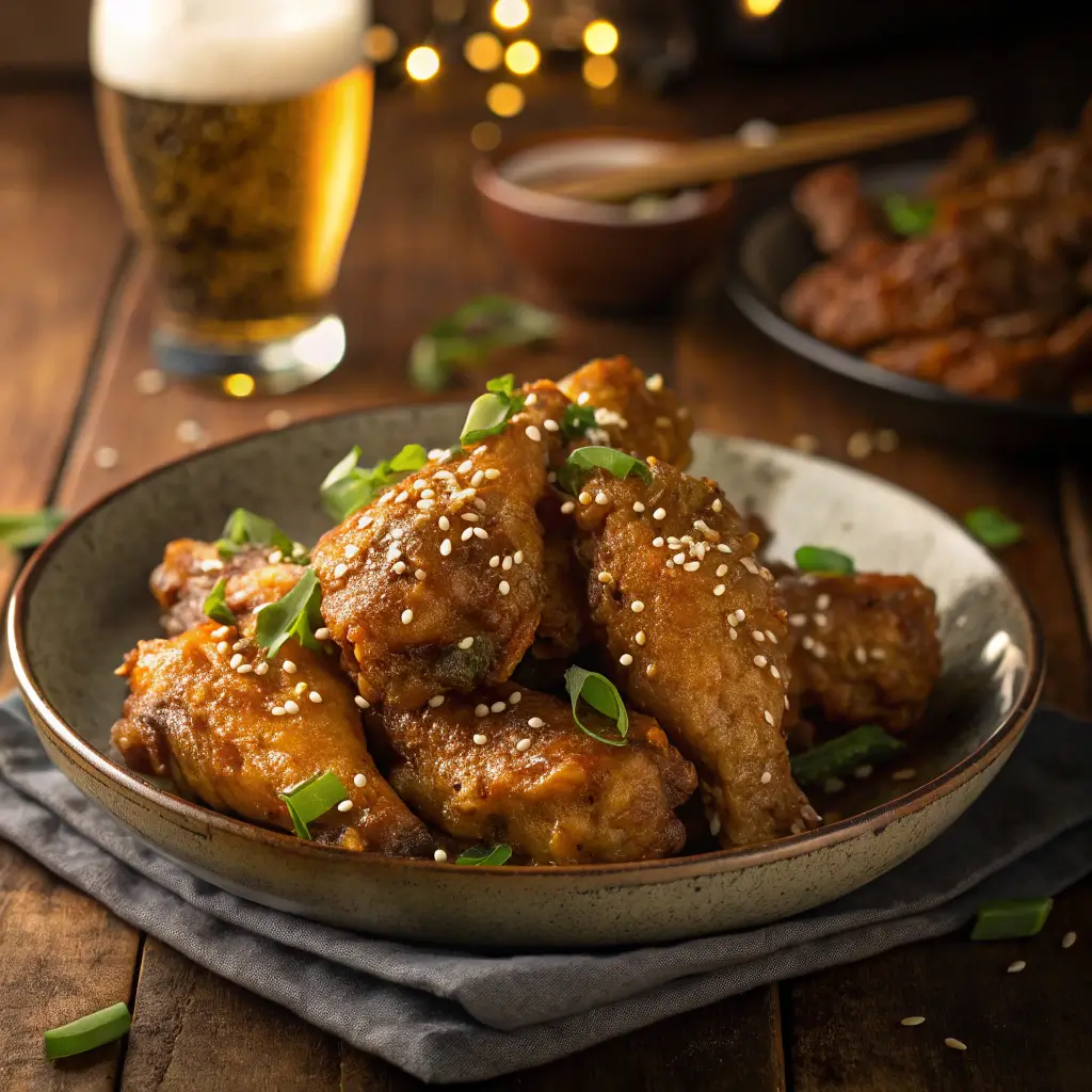 Sticky honey-garlic chicken wings glazed with sauce, topped with sesame seeds and green onions.