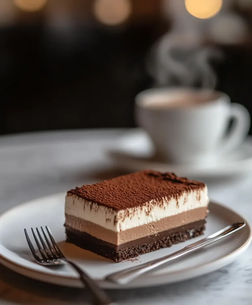 A slice of Terra Massoud, dusted with cocoa, served with a cup of espresso on a white plate