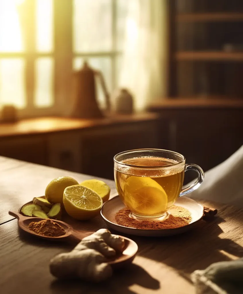 A glass mug of Brazilian Mounjaro tea with apple cider vinegar, ginger, and lemon, perfect for a morning metabolism boost.