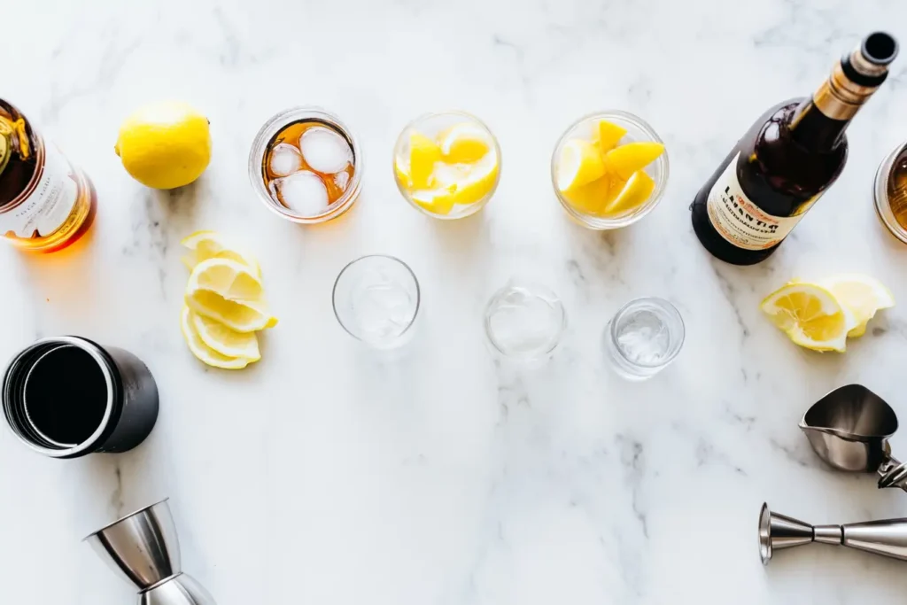 A top-down view of Long Island Iced Tea ingredients, including spirits, lemon juice, cola, and cocktail-making tools on a marble countertop