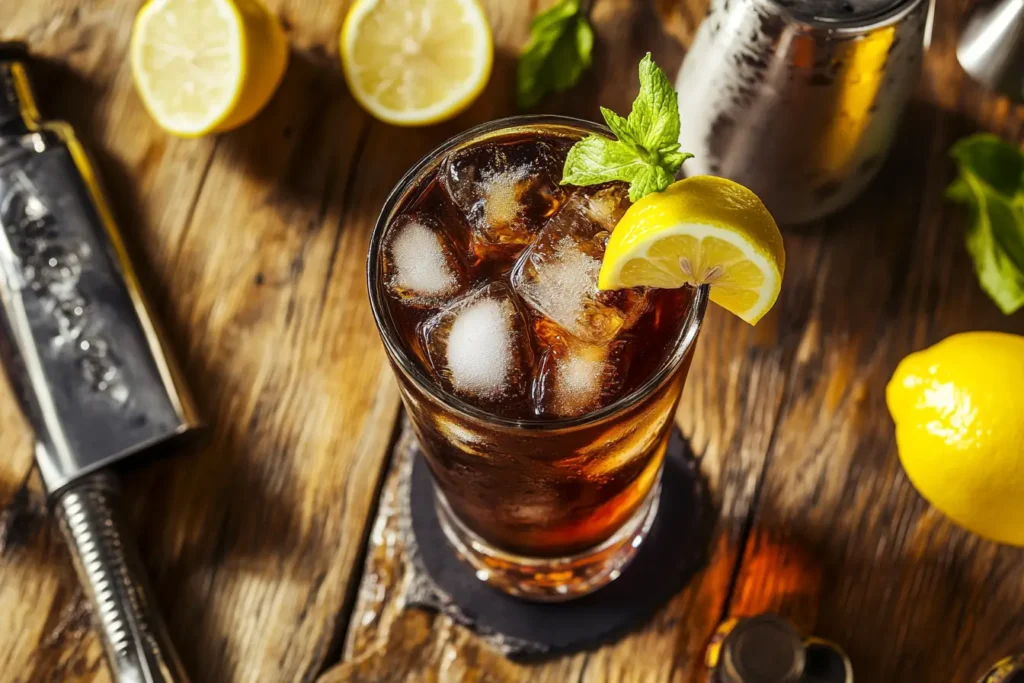 A close-up of a Long Island Iced Tea Recipe cocktail in a highball glass, garnished with a lemon wedge and filled with ice on a wooden bar counter