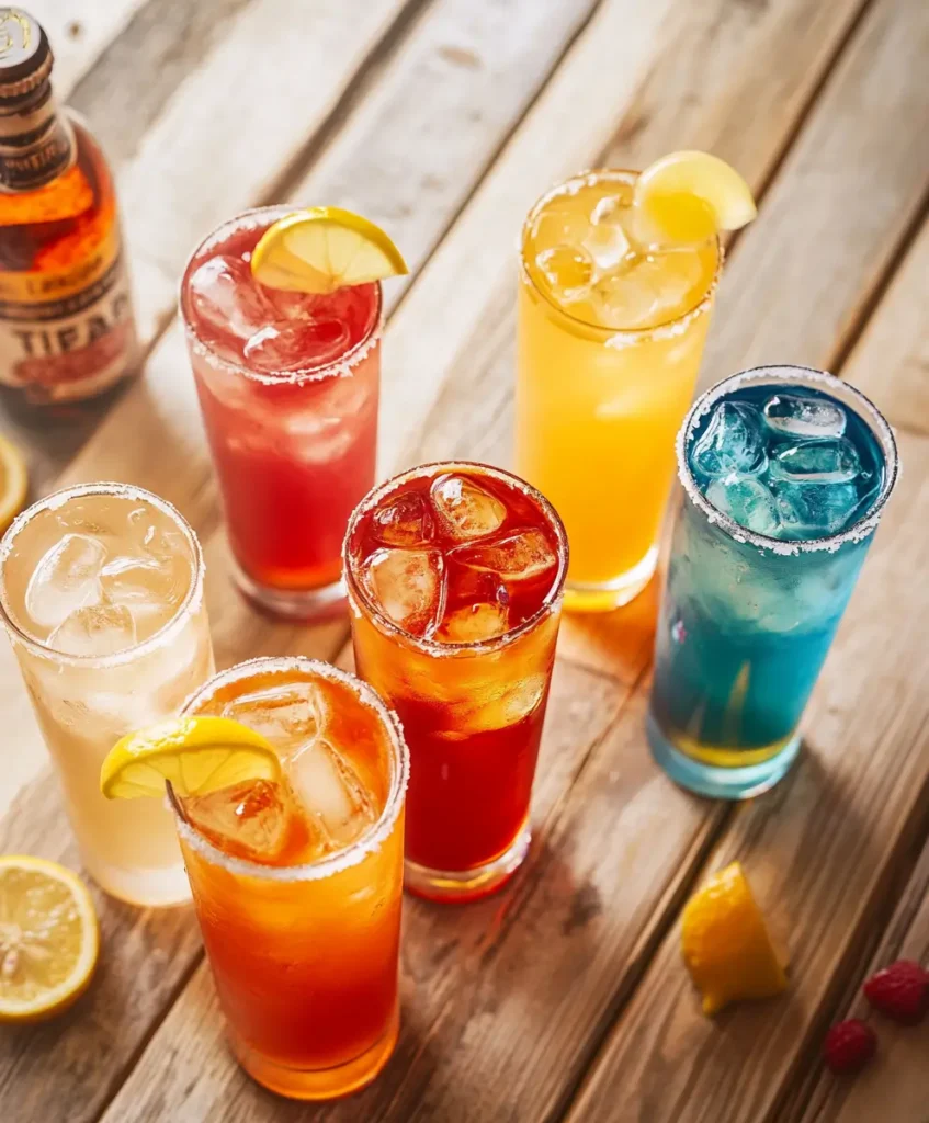 A selection of Long Island Iced Tea variations, including Texas Tea, Long Beach Tea, Tokyo Tea, and Electric Iced Tea, arranged on a bar counter