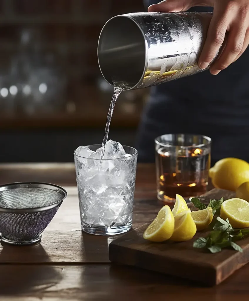 A bartender pouring spirits into a cocktail shaker while preparing a Long Island Iced Tea Recipe on a wooden bar counter