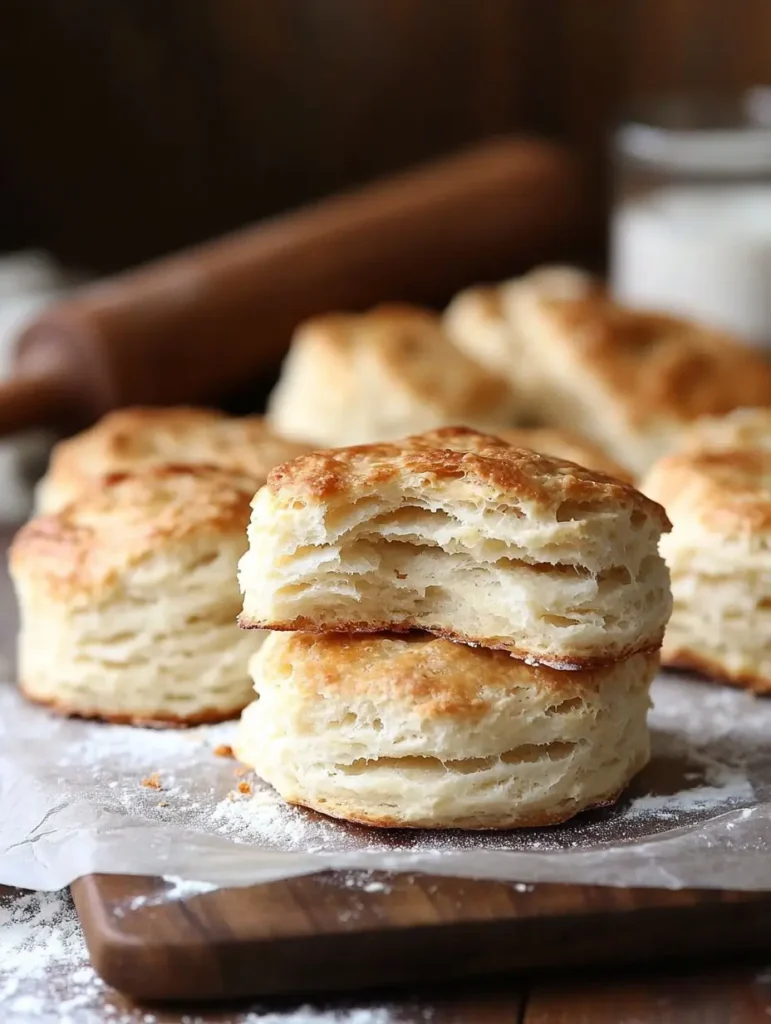 Golden, flaky buttermilk biscuits stacked on a baking sheet, with one biscuit split open to reveal its soft, buttery interior