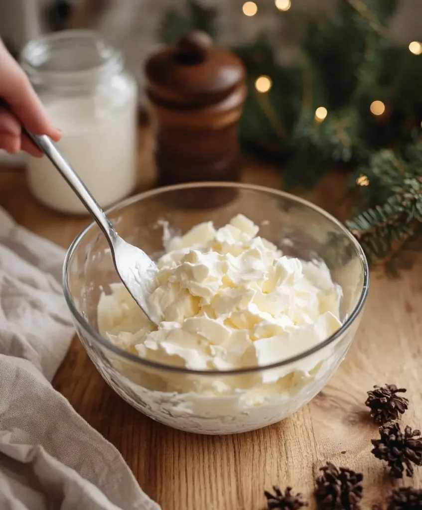 A glass bowl with mascarpone being folded into a smooth, creamy mixture with a spatula.