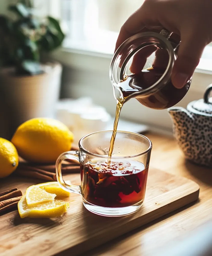 Brewing Brazilian Mounjaro tea with yerba mate, hibiscus, and apple cider vinegar for a natural metabolism booster