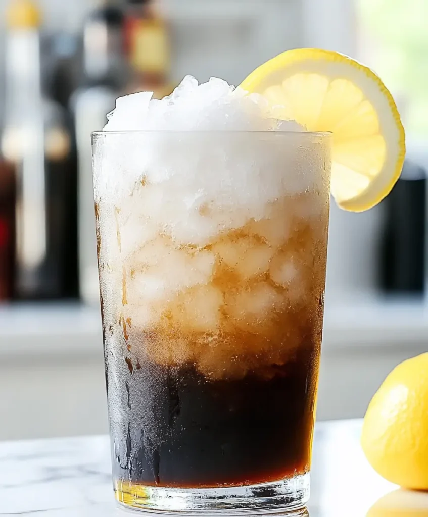 A freshly prepared Long Island Iced Tea in a highball glass, filled with crushed ice and garnished with a lemon wedge