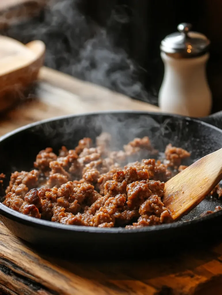 A cast-iron skillet filled with sizzling, browned breakfast sausage, stirred with a wooden spatula, ready for making gravy