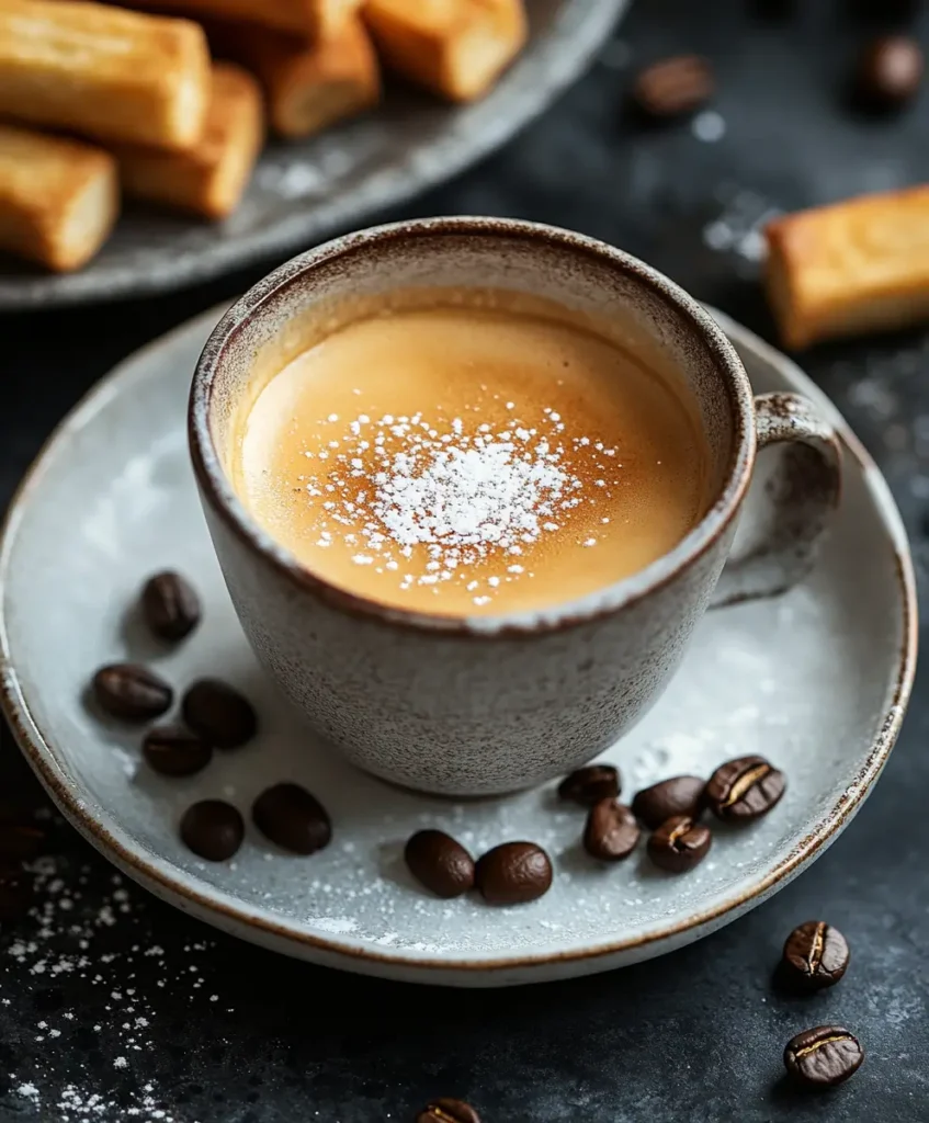 A ladyfinger being dipped into rich, freshly brewed espresso in a shallow dish