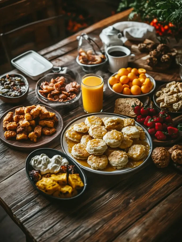 A Southern-style breakfast spread featuring biscuits and gravy, crispy hash browns, scrambled eggs, and fresh fruit on a rustic table