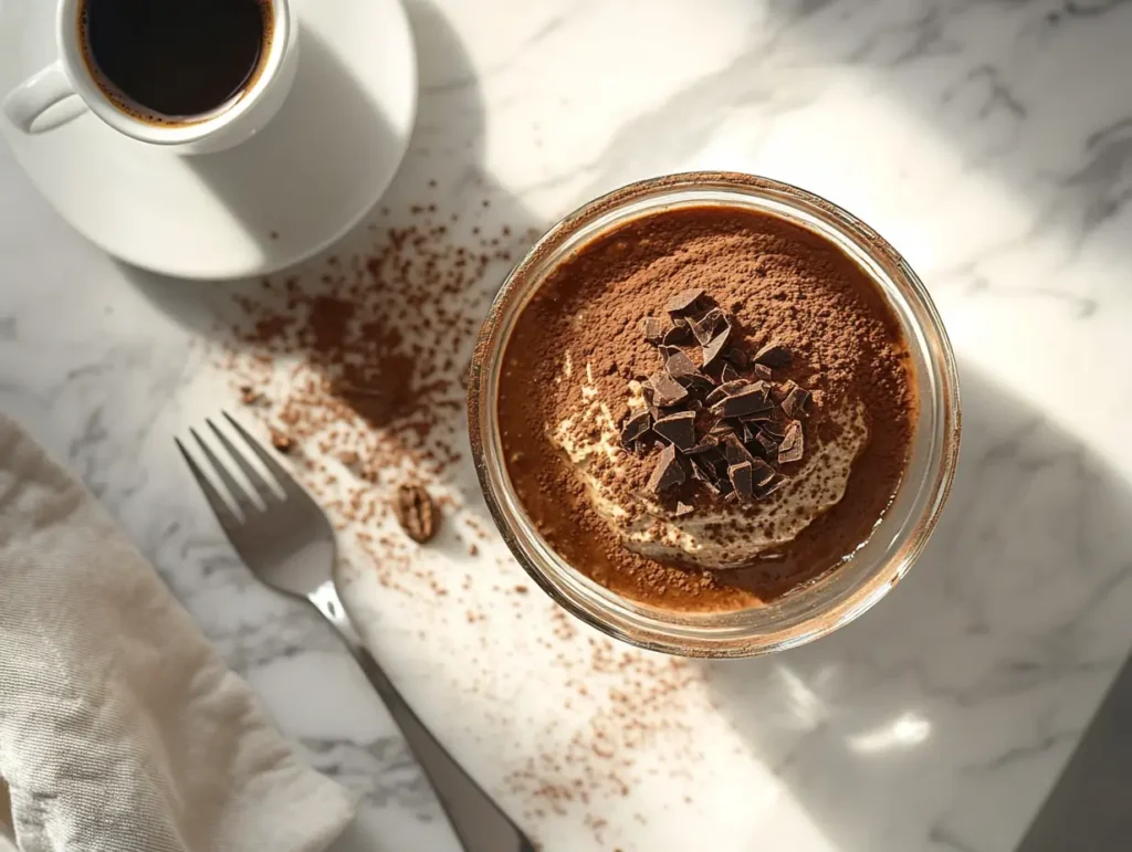 A beautifully layered Terra Massoud in a glass dish, dusted with cocoa powder, served on a marble countertop