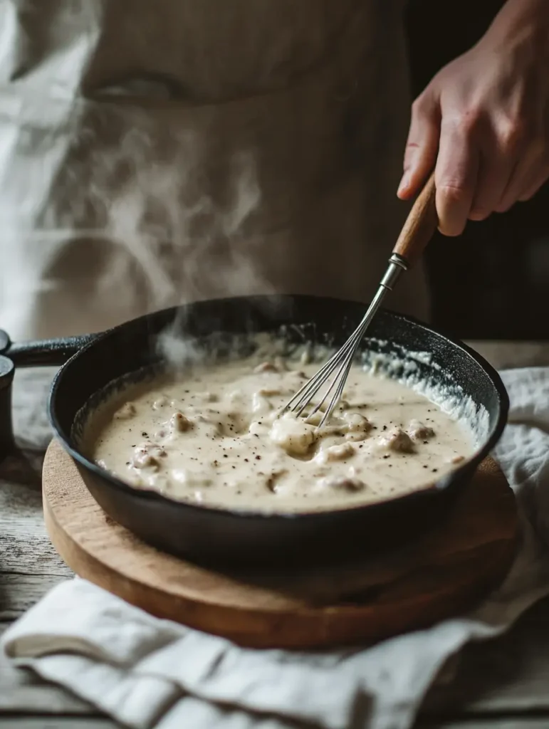 A close-up of thick, creamy sausage gravy being whisked in a cast-iron skillet, with steam rising from the rich, velvety sauce