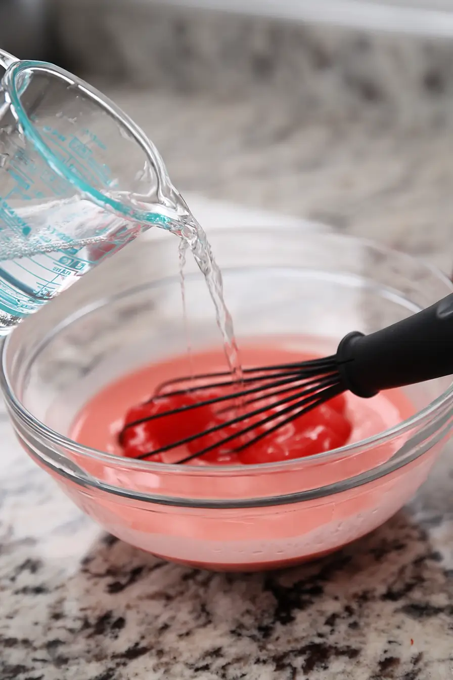 Side view of layered jello setting in a glass baking dish with visible red, white, and blue layers