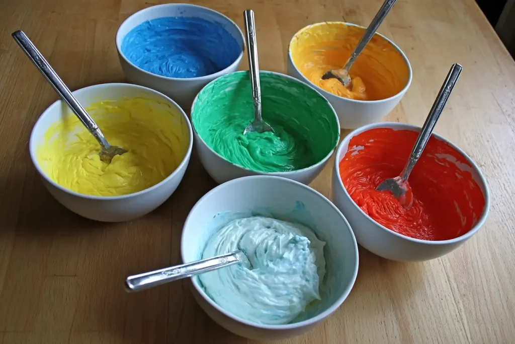 Overhead shot of six bowls of rainbow cupcake batter in red, orange, yellow, green, blue, and purple, arranged on a marble kitchen counter