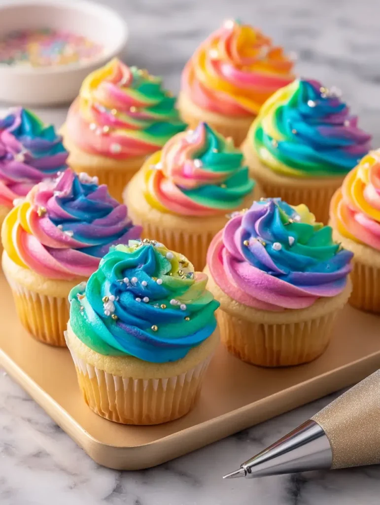 Close-up of rainbow cupcakes topped with colorful swirled buttercream and gold star sprinkles on a white surface