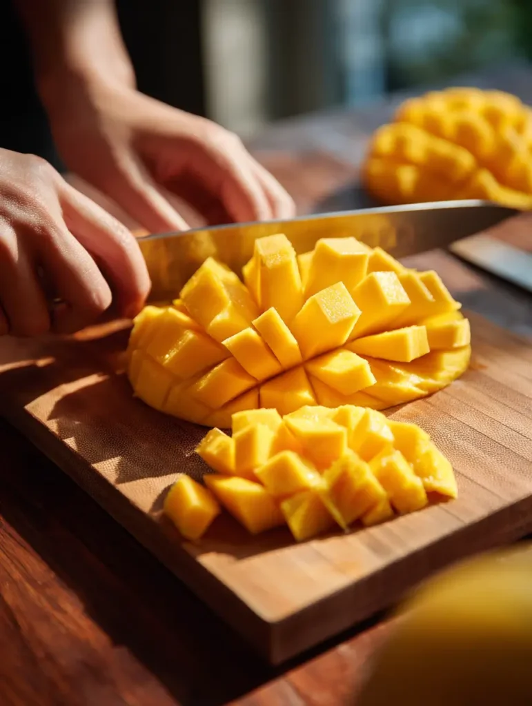 Hands slicing ripe mango into cubes on a wooden cutting board