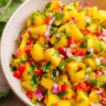 Colorful mango salsa in a white bowl with diced mango, red onion, jalapeño, red bell pepper, and cilantro