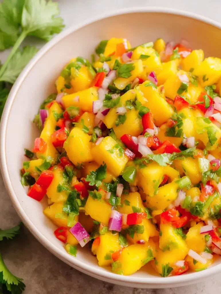 Colorful mango salsa in a white bowl with diced mango, red onion, jalapeño, red bell pepper, and cilantro