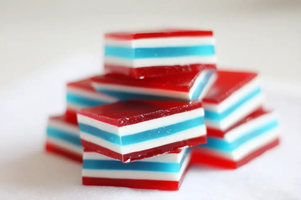 Close-up of red white and blue layered jello cubes on a white background