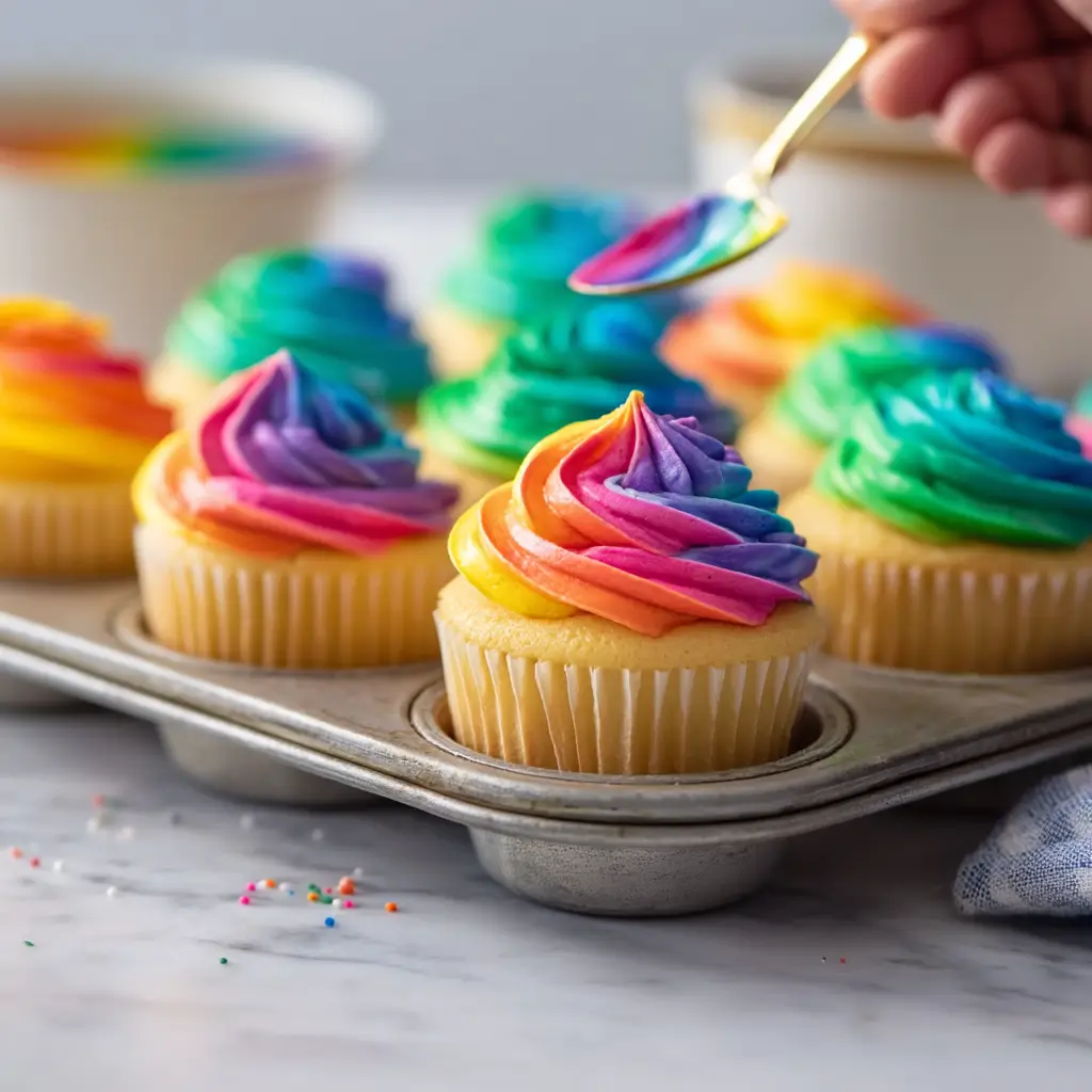 Cupcake tin filled with layered rainbow cupcake batter, showing neat color stripes inside paper liners