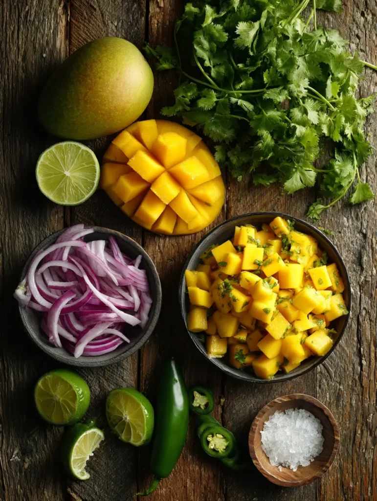 Fresh mango salsa ingredients on rustic wood: diced mango, red onion, lime, cilantro, jalapeño, and sea salt