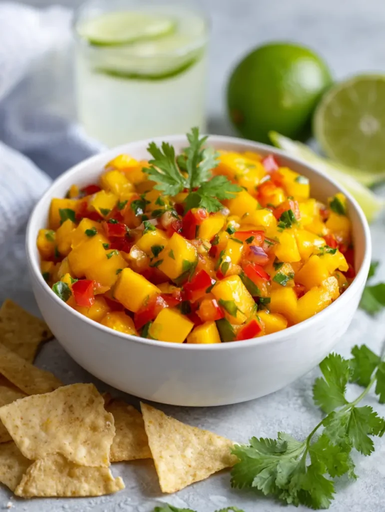 Finished mango salsa in a white bowl with tortilla chips and lime in the background