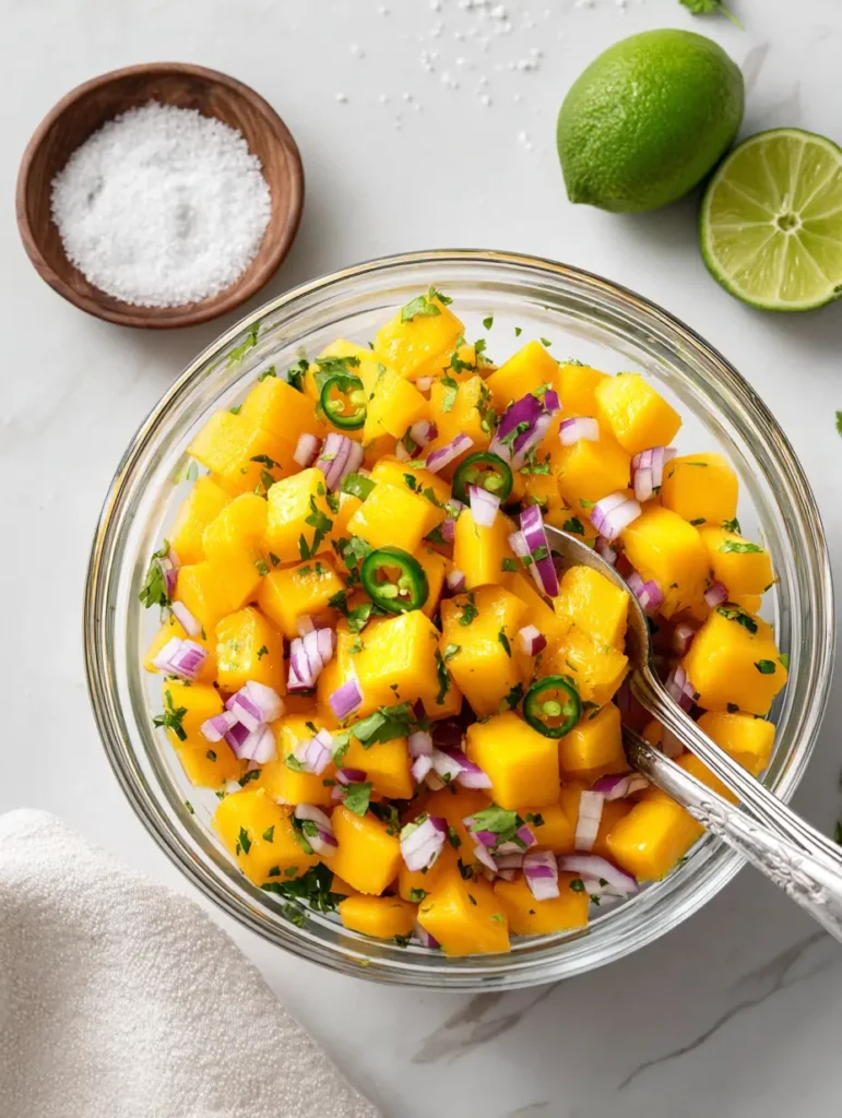 Bowl of mango salsa being mixed with red onion, jalapeño, and cilantro on a white surface