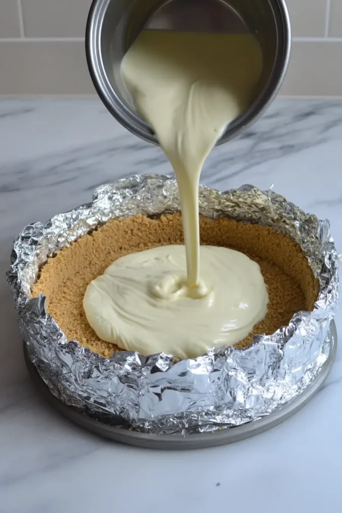 Foil-wrapped springform pan on marble counter for New York Cheesecake water bath