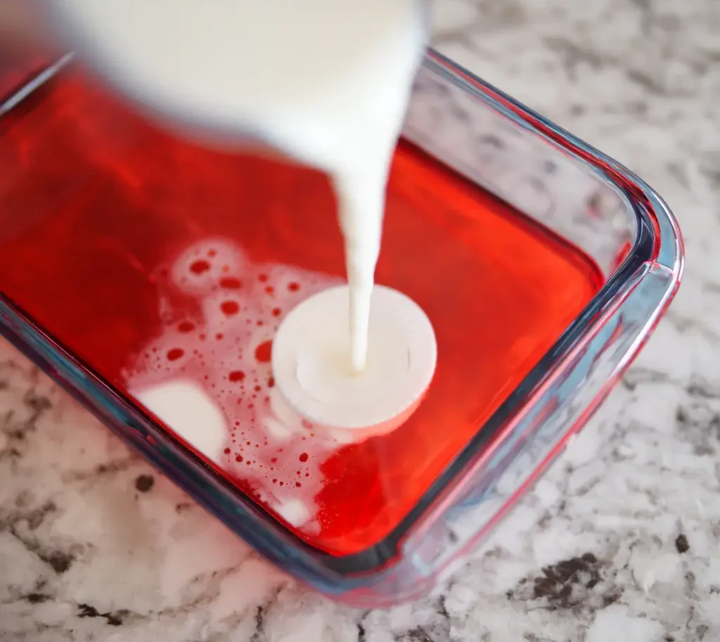 Hot water being poured into a glass bowl of red jello mix with whisk