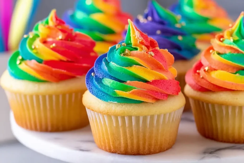 Colorful rainbow cupcakes topped with swirled rainbow frosting and gold sprinkles, arranged on a white cake stand on a marble countertop