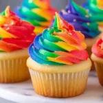 Colorful rainbow cupcakes topped with swirled rainbow frosting and gold sprinkles, arranged on a white cake stand on a marble countertop