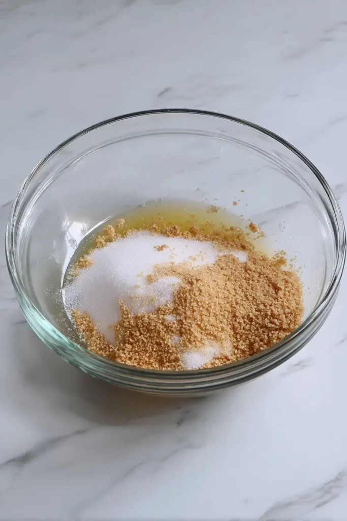 Cheesecake filling being poured into foil-lined graham cracker crust for New York Cheesecake