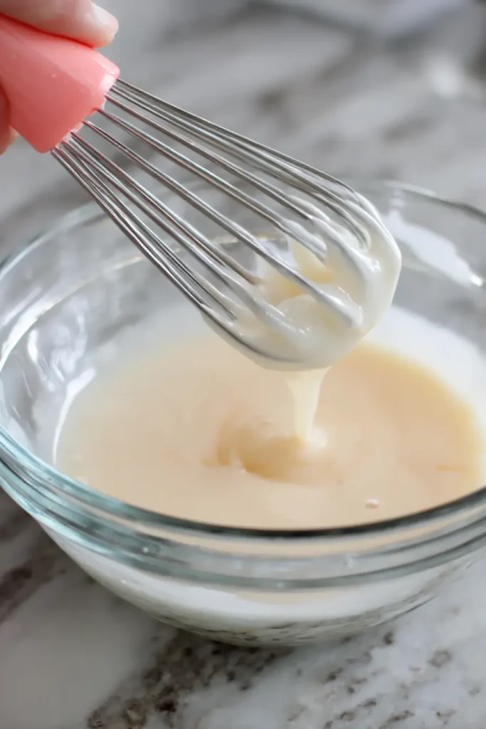 Pouring sweetened condensed milk layer into red jello in glass dish