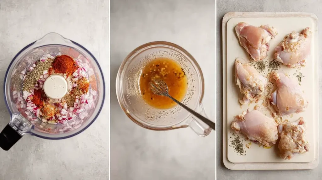 Ingredients in a food processor, prepared marinade in a bowl, and raw chipotle chicken recipe thighs on a cutting board.