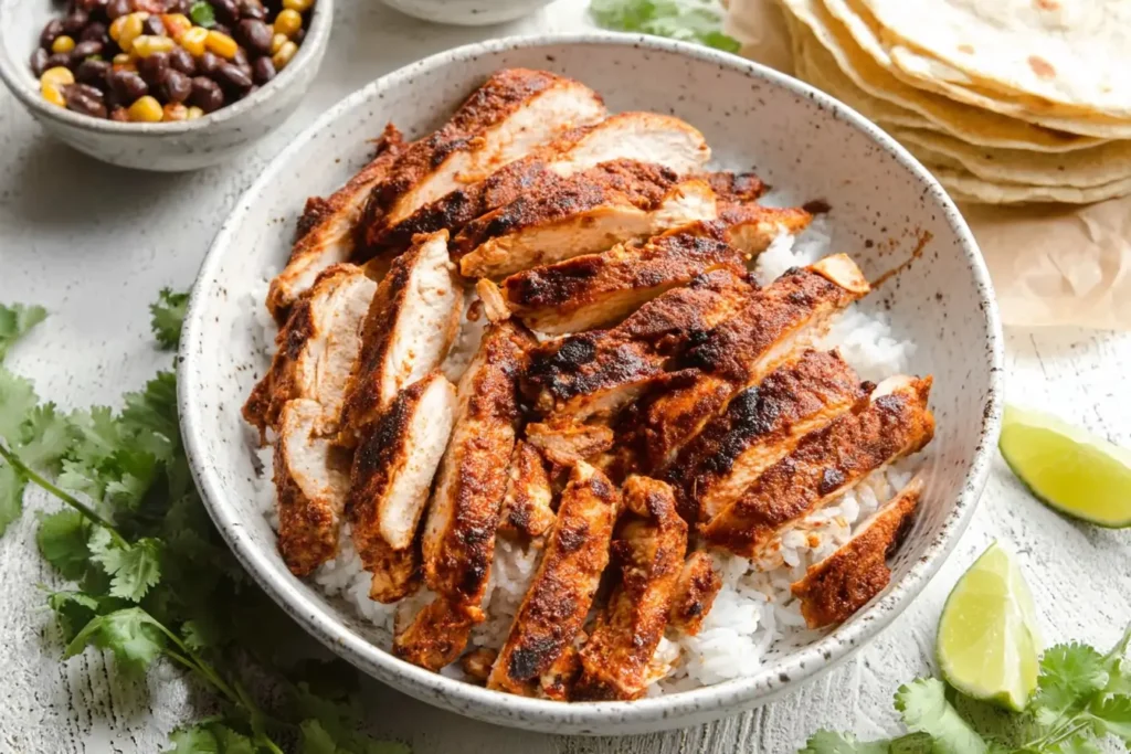 Grilled chipotle chicken recipe sliced over a bowl of rice with limes, cilantro, and tortillas on the side.