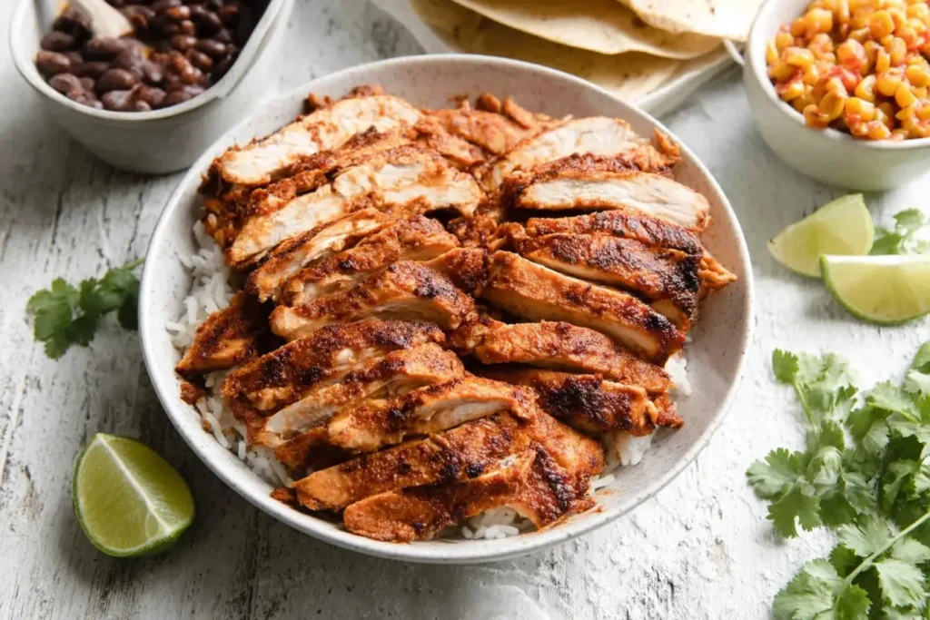 Sliced chipotle chicken served in a rice bowl with black beans, corn, lime wedges, and soft tortillas.