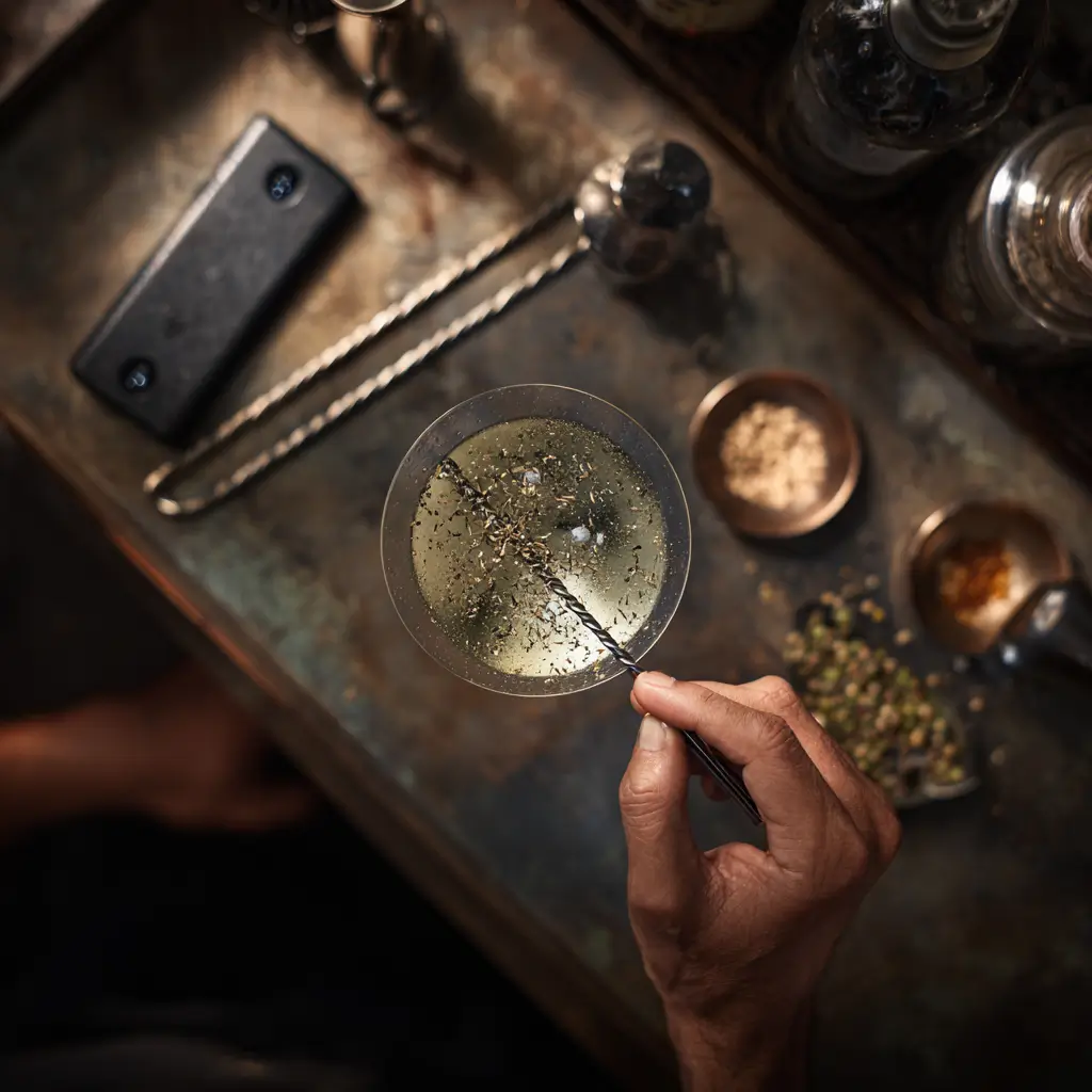 Stirring a Ketel One dirty martini in mixing glass