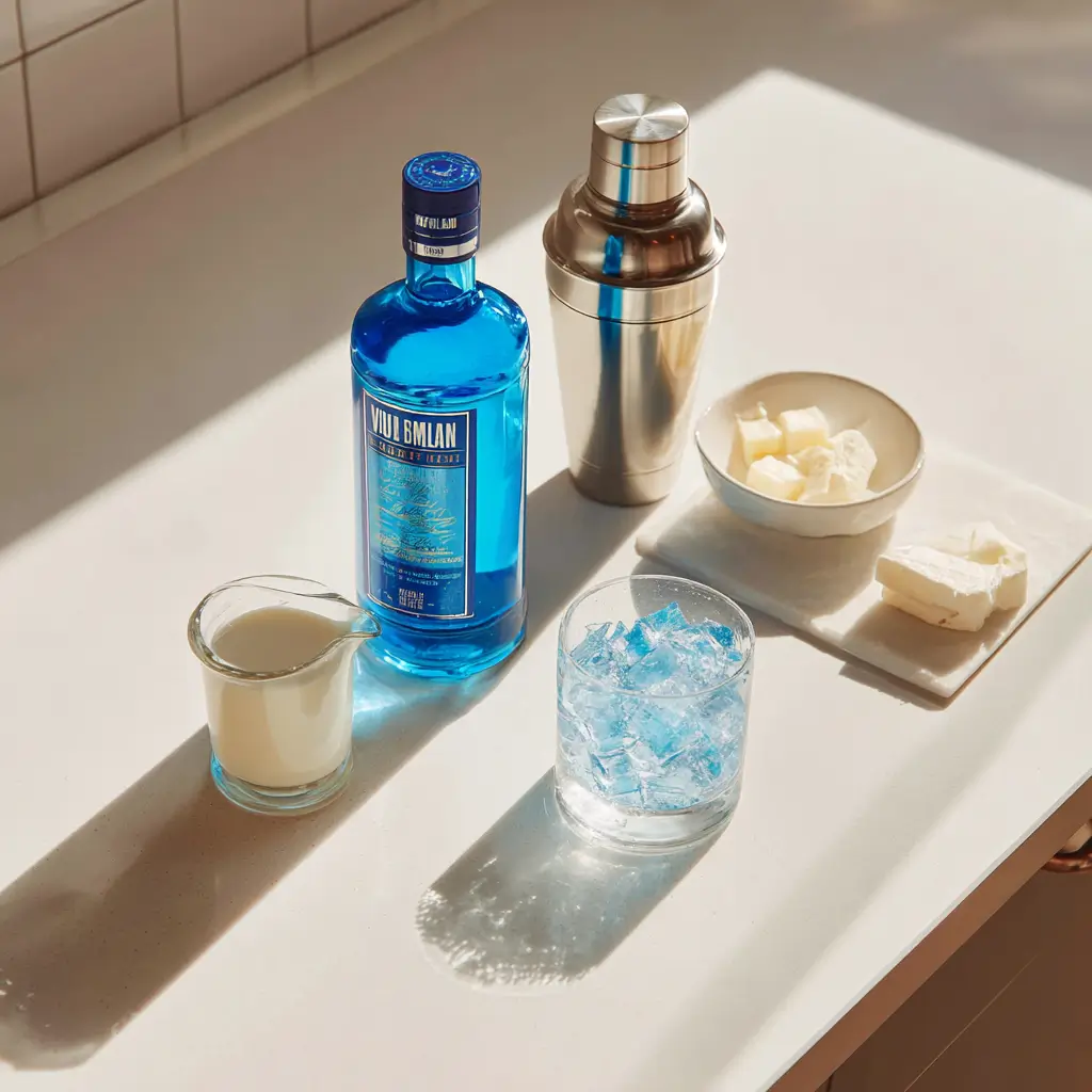 Russian Blue Drink ingredients on counter