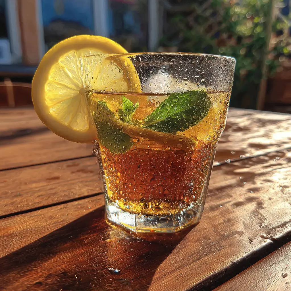 Glass of Sunjoy drink recipe with lemon and mint